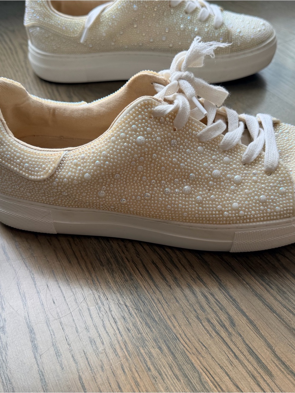 Betsy Kohnson Embellished white/ Cream Women's Lace-Up Sneakers with pearls - Picture 7 of 10